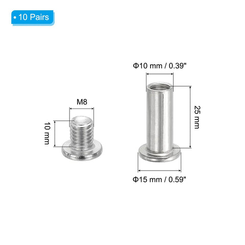 Reliable Hex Chicago Screws And Socket Cap Bolts Made For Scrapbook Binding Leatherwork And Furniture Fix Ups M8 X 25 mm Connecting Posts silver finish with dimensions shown.