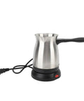 110V Electric Turkish Coffee Pot With 600ML Stainless Steel Build showing side view with handle and base.