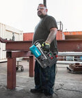 Front view of Makita HB350 magnetic drill, blue body, held by worker on steel beam