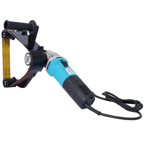 Powerful 1300W Pipe Belt Sander With Variable Speed Control For Polishing Metal Rust & Wood Finishing, handheld tool with a blue body.