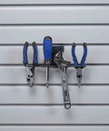 Small Tool Rack For Garage Slatwall Panels In Dark Gray Steel Holds Four Small Tools installed on slatwall