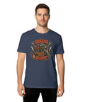 Retro Mechanical Engineer T Shirt With Vintage Gear Garage Emblem For Cool Builders, Diesel Mechanics And DIY Tinkerers Who Love Grease And Glory In The Shop, navy blue, unisex fit, cotton.