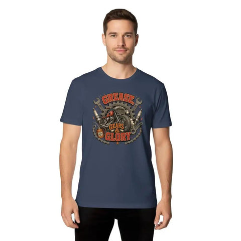 Retro Mechanical Engineer T Shirt With Vintage Gear Garage Emblem For Cool Builders, Diesel Mechanics And DIY Tinkerers Who Love Grease And Glory In The Shop, navy blue, unisex fit, cotton.