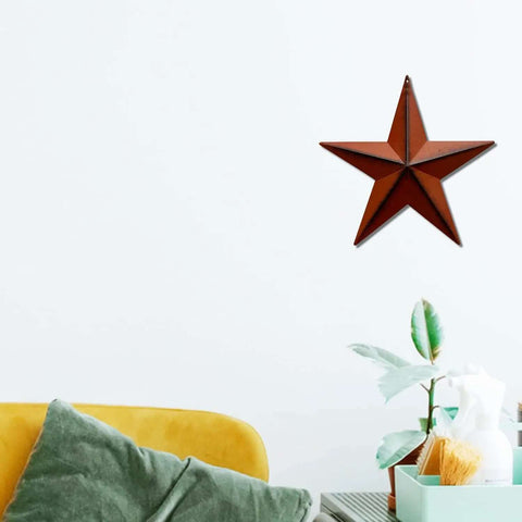 Rustic 3D Metal Barn Star Wall Decor Classic Country Vibe Indoor Outdoor 8 Inch Burgundy wall hanging in living room setting.