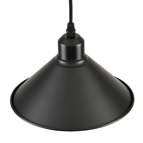 Heavy Duty Black Plug In Pendant Lights 2 Pack Industrial Hanging Lamps With 15 Foot Adjustable Cord And Switch close up of black metal shade.