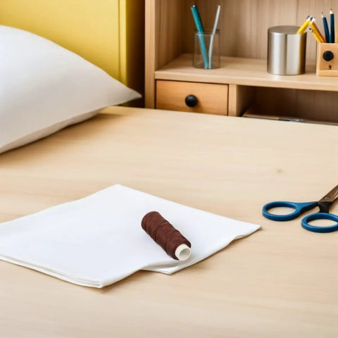 Thread spool on desk with white cloth next to scissors, not related to Three Pack Polyester Sailboat Rigging Line Replacement Rope