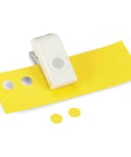 Half Inch Scalloped Edge Circle Punch for card making and scrapbooking with cut yellow paper and scalloped circles displayed