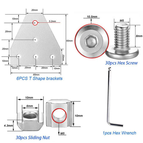 Kickass 2020 Series Aluminum Corner Brackets And Five Hole T Shape Joint Plates for CNC with hex screws and wrench.