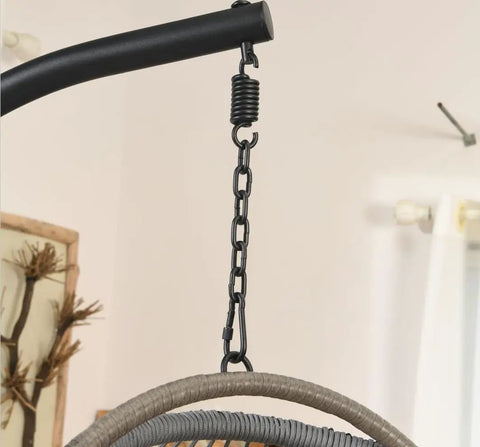 Egg Chair Hanging Kit With Springs Pins Plugs And Snap Hooks For Outdoor Swing Hardware 550 Lbs Capacity in use on a single chair stand