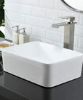 Vessel Sink With Faucet And Drain Combo 16x12 Inch Above Counter Porcelain Ceramic White Vanity Sink Rectangular on black countertop