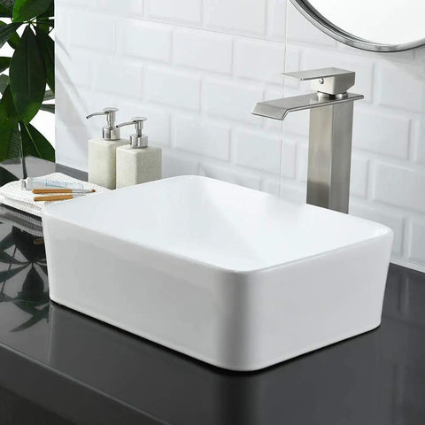 Vessel Sink With Faucet And Drain Combo 16x12 Inch Above Counter Porcelain Ceramic White Vanity Sink Rectangular on black countertop