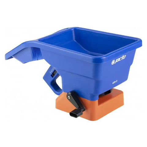 Blue handheld grass seed and fertilizer spreader for lawns and driveways, lightweight and corrosion resistant, ergonomic grip visible.