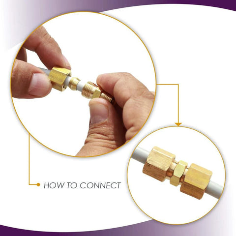 Close-up of brass compression ice maker water line fittings, 1/4 in OD x 1/4 in OD, set of 2.