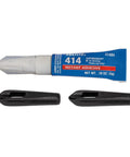 Blue Loctite 414 instant adhesive tube with white cap and two black plastic end pieces.