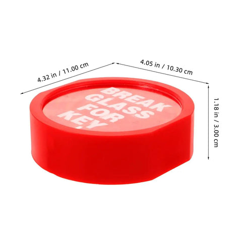 Red Emergency Key Box With Break Glass For Grab And Go Quick Entry, round with dimensions shown, labeled 'Break Glass For Key'