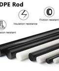 HDPE rods in black and white, various sizes, highlighting corrosion, insulation, and friction resistance qualities