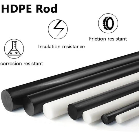 HDPE rods in black and white, various sizes, highlighting corrosion, insulation, and friction resistance qualities