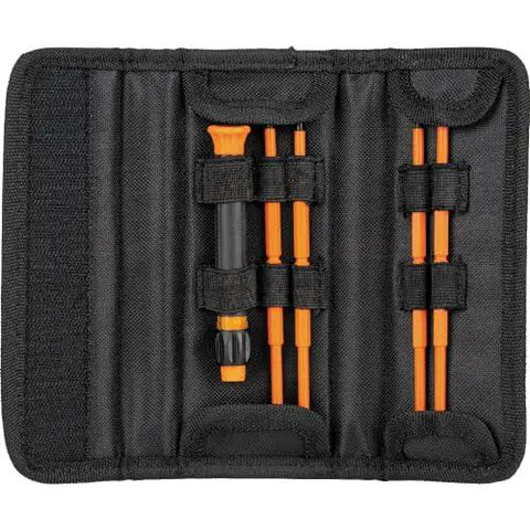 8-In-1 Insulated Screwdriver Set With Case 1000V Rated Includes Phillips 00 And 0 Slotted 3/32 And 1/8 Tamperproof Torx in open case.