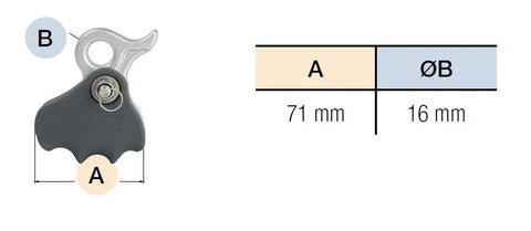 Diagram showing dimensions of Arborist Rope Brake And Fall Arrestor With Rubberized Cover And Removable Cam Lock.