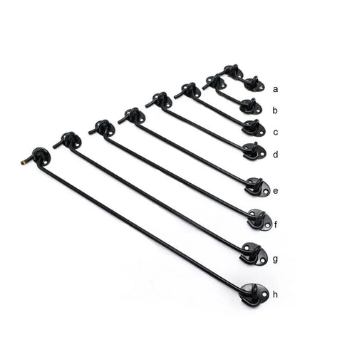 Collection of black Hook and Eye Gate Latch Safety for Window Cabinet Door with Screws in various lengths.