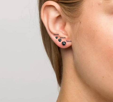 Hypoallergenic Titanium Ball Stud Earrings for Sensitive Ears, 3mm 4mm 5mm with Black, Gold, Rose Gold Color Options, Nickel Free with Titanium Backs, Unisex Earrings for Women and Men, No Itch, Comfy Fit black 3mm 4mm 5mm on ear