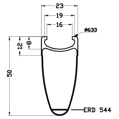 Technical diagram showcasing dimensions of 50mm rim for Carbon Road Wheelset 50mm Clincher 700c With White And Red Decal 3K Finish