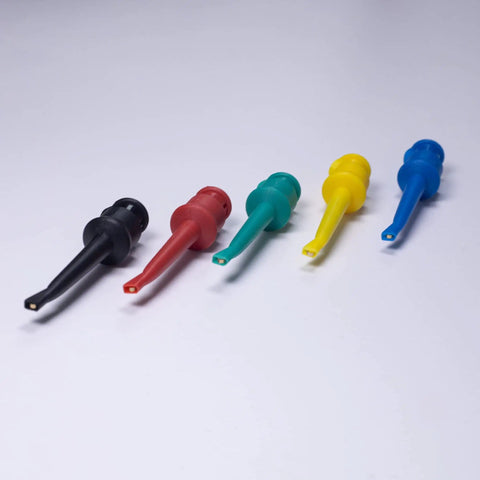 Set of 5 colorful insulated test hook clips for multimeter lead kit on white background showcasing safe nylon6 needle durable probes