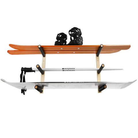 Handcrafted Natural Wood Wall Mount Skateboard Rack Holds Three Longboards And Snowboards Featuring Protective Cushioned Sleeves, showcasing orange skis and snowboard.