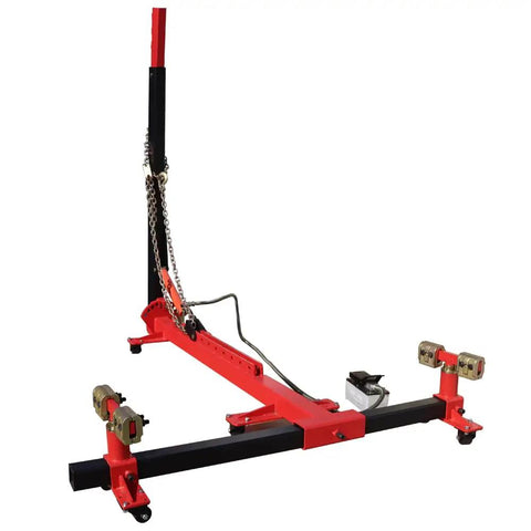 Red and black Beefy Car Frame Repair Tool with Ten Ton Hydraulic Frame Straightener and Auto Body Puller on wheels