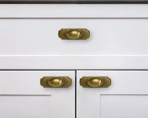 Antique Brass Cabinet Knobs with Black Backplate Set 2 Pack for Kitchen and Bath on white cabinet doors