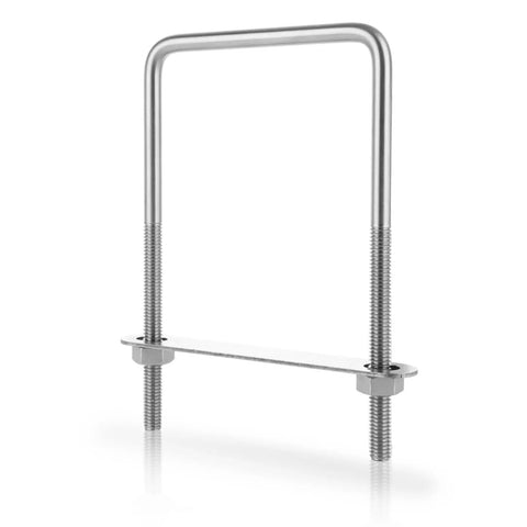 Close-up of Six Pack Square U Bolts 3/8 Inch Thread, 4 Inch Inner Width, 7 Inch Overall Length, 304 Stainless Steel with washers and nuts.