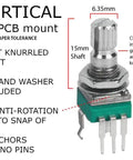 Vertical PCB Mount Potentiometer Kit, 100 Pieces, 9mm Pot, 15mm Shaft, featuring a split knurled shaft and CNC milled indent.