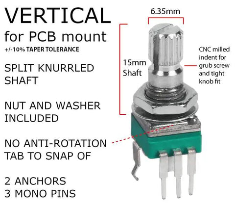 Vertical PCB Mount Potentiometer Kit, 100 Pieces, 9mm Pot, 15mm Shaft, featuring a split knurled shaft and CNC milled indent.
