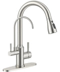 Top Tier Three Way Kitchen Faucet With Built In Water Filter Dispenser In Sleek Brushed Nickel Finish, ergonomic handle design.