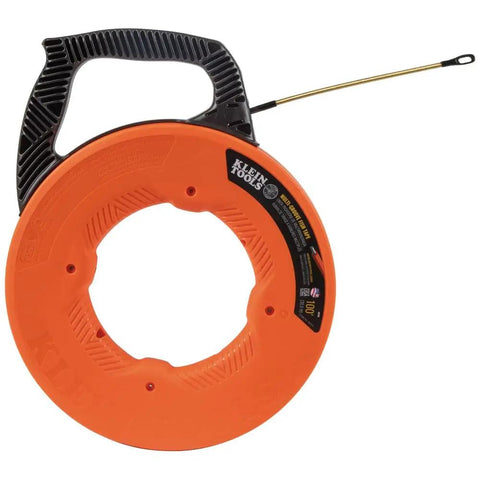 Klein Tools 56380 Non-Conductive Electrical Fish Tape 100 Foot, featuring a steel leader and fiberglass wire puller.