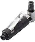 Slick 1/4 Inch Pneumatic Angle Die Grinder With Rubber Grip Sleeve showing 90 degree head, durable black aluminum housing for metal fabrication.