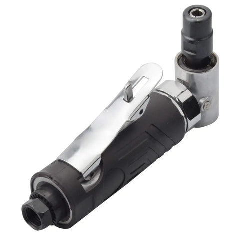 Slick 1/4 Inch Pneumatic Angle Die Grinder With Rubber Grip Sleeve showing 90 degree head, durable black aluminum housing for metal fabrication.