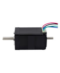 NEMA 11 dual-shaft stepper motor, black housing, 28x28x51 mm, four colored leads for CNC/3D printer.
