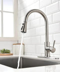 Brushed Nickel Kitchen Faucet With Pull Down Sprayer And 18 Inch Hose One Hole Deck Mount Single Lever Handle Stainless Steel Build