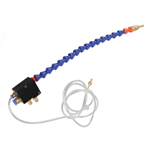 No Sweat Mist Coolant Spray System For Cnc Lathe And Metal Cutting With Adjustable Fog Output, blue flexible hose and black nozzle.