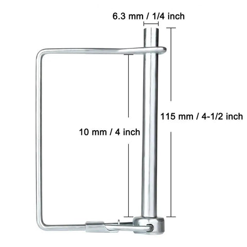 Heavy Duty One Quarter Inch Trailer Hitch Pins Set, Fifteen Pack, Four and One Half Inch Locking Shaft Pins dimensions shown