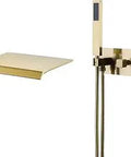 Bathtub Faucet With High Flow Waterfall Spout And Hand Shower, Wall Mount Tub Filler In Brushed Gold Finish, Ultra Wide 7.87 Inch Spout For A Spa Vibe Waterfall
