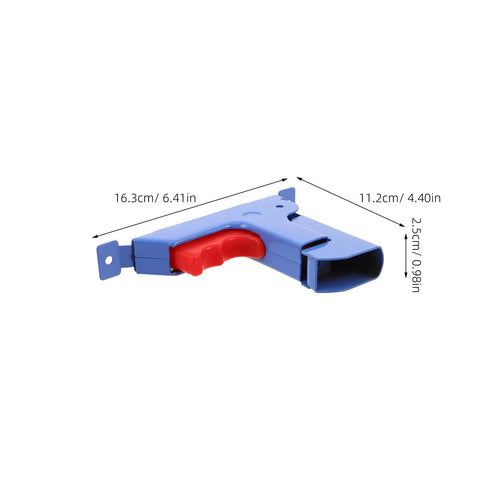 Folding Bed Rail Button Connector With No-Fuss Quick Release Clip, shown in blue with red handle, size dimensions displayed.