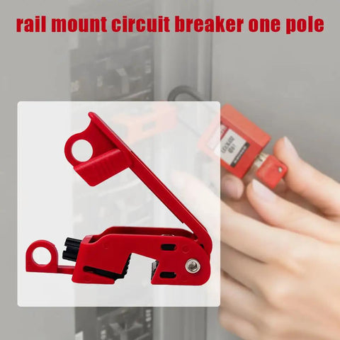 Close-up of red lockout device from 12 Pack Circuit Breaker Lockout Tagout Kit For Standard Single And Double Toggle Breakers OSHA Compliant