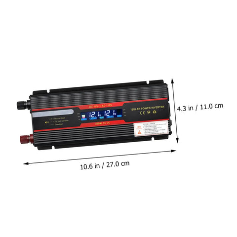 Heavy Duty Car Power Inverter With Led Digital Display And Us Plug For Vehicle And Home Use Aluminum Alloy Shell spacious design with dimensions shown.