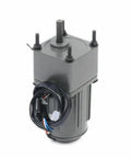 Geared electric motor with gray square gearbox and bundled wires, AC 110V single-phase.