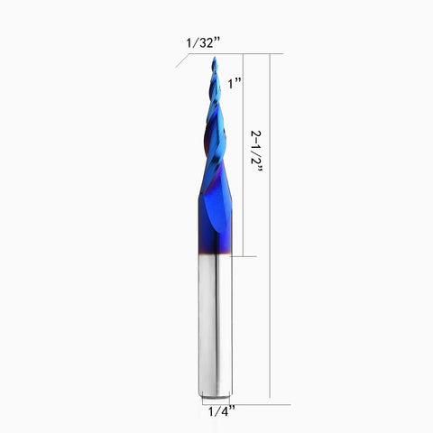 Pro-Grade 6.2 Degree Tapered Ball Nose Upcut CNC Router Bit NACO Coated 1/4 Inch Shank 1/32 Inch Dia 1 Inch Length