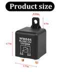 Straight Up Heavy Duty Car Starter Relay 200 Amp 12 Volt 4 Pin SPST Switch shown from a slight angle with dimensions labeled.