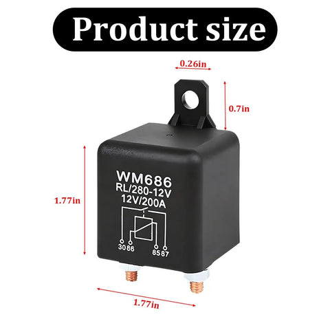Straight Up Heavy Duty Car Starter Relay 200 Amp 12 Volt 4 Pin SPST Switch shown from a slight angle with dimensions labeled.