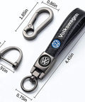 Leather Car Keychain For Women And Men, Durable Iron Key Ring With Premium Leather Fob, including dimensions and VW logo.